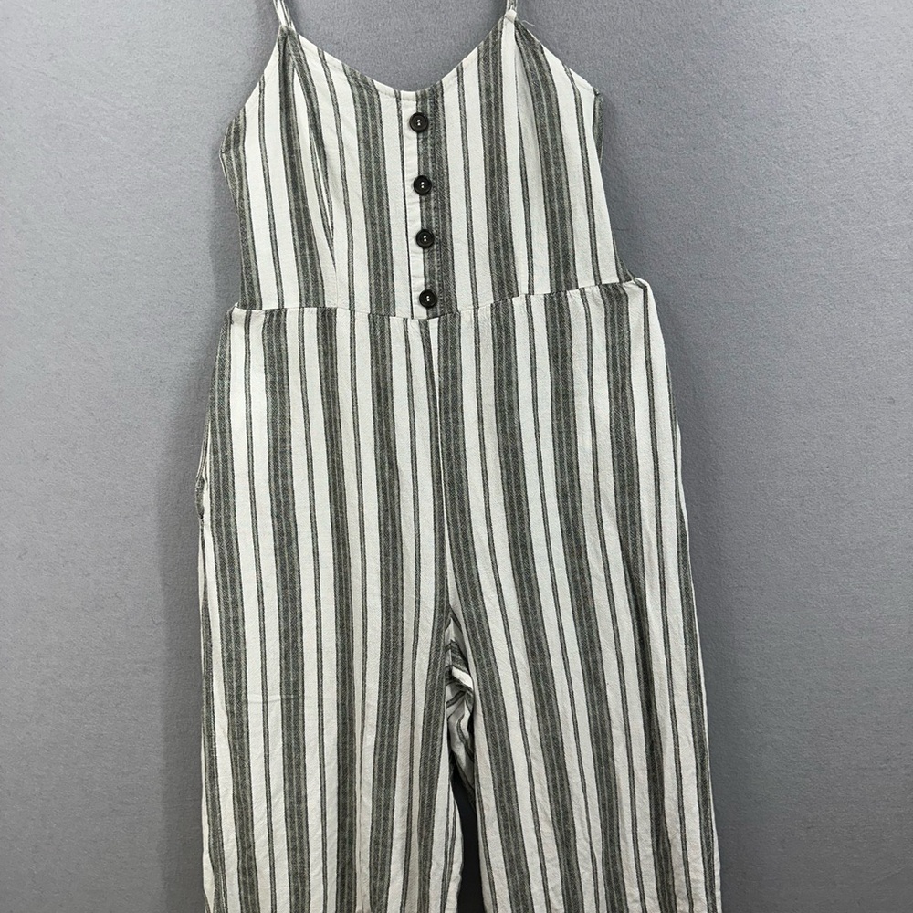 Justify Striped Jumpsuit Cropped Wide Leg Smocked Back Button Front Women's L